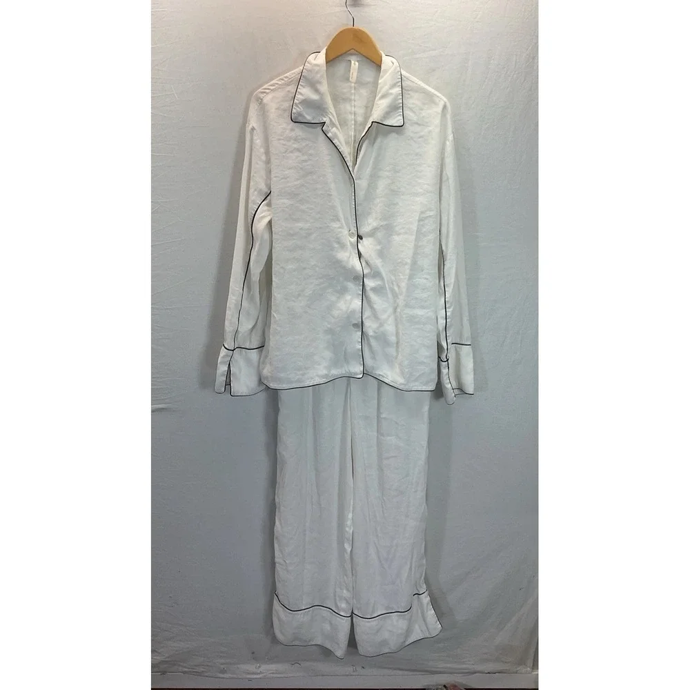 The Nap Co Pajama Set white Sz S  striped Button Up Top Pants Super Soft‎ Lounge